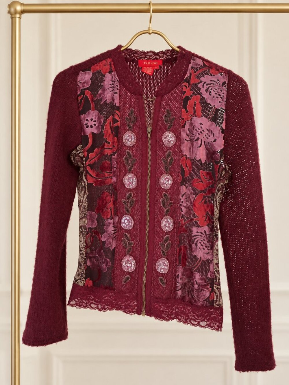 Burgundy Burn Out Velvet Lace Embellished Zip Cardigan Jacket Sz S | Fall 2026